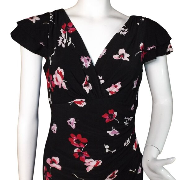 LAUREN RALPH LAUREN Dress, 8/M, Black/Red floral, Layered Flutter sleeve, V-neck - Picture 2 of 11